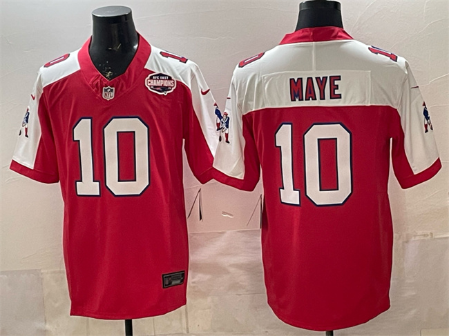 Men's New England Patriots #10 Drake Maye Red Alternate F.U.S.E. 2025 AFC East Championship Patch Throwback Vapor Limited Stitched Football Jersey Men's New England Patriots #10 Drake Maye Red Alternate F.U.S.E. 2025 AFC East Championship Patch Throwback Vapor Limited Stitched Football Jersey